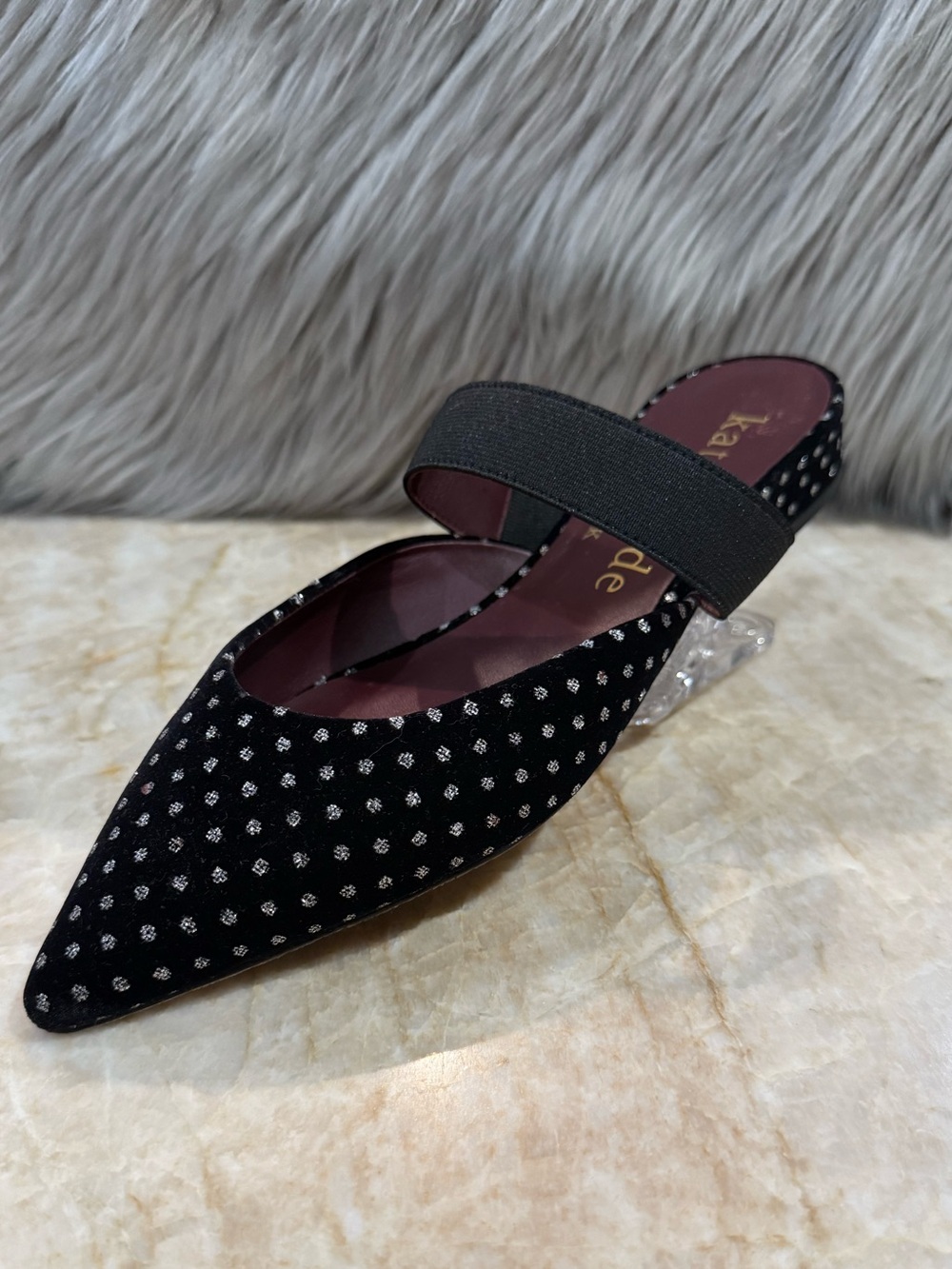 Kate Spade NY Black and Silver Glitter Velvet Marielle Mules Polka Dot Slides.